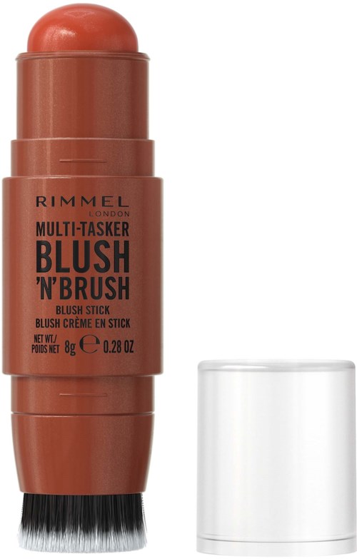En makeup-stift med svart børste under, merket Rimmel Multi-Tasker Blush 'n' Brush.