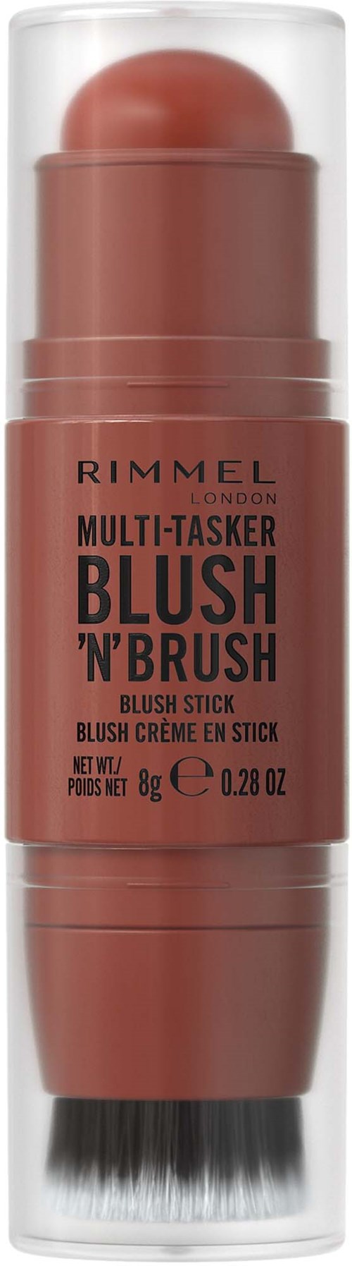 En leppestiftprodukt med børste, merket Rimmel London Blush 'N' Brush, i et gjennomsiktig rør.