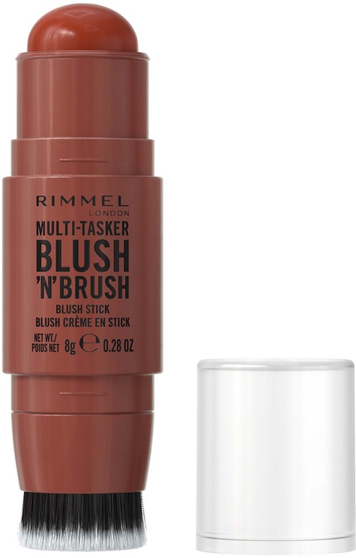 En sminkstift med avrundet topp og børste nederst, merket Rimmel Multi-Tasker Blush 'n' Brush.