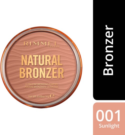 En burk med Rimmel Natural Bronzer makeup i nyansen 001 Sunlight, med ett rundat, persikofärgat lock och svart etikett.