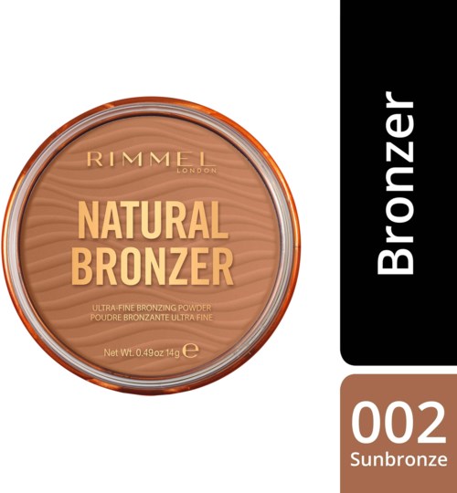 Det här är en burk med Rimmel London Natural Bronzer i nyansen 002 Sunbronze. Det är en puder makeup-produkt.