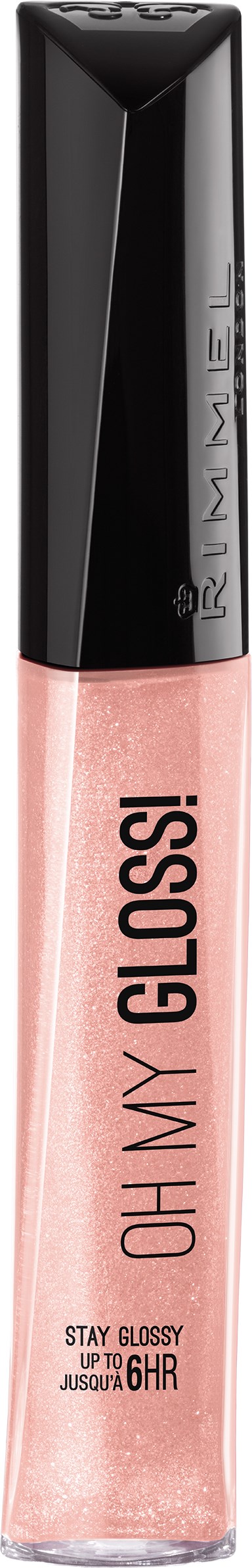 En tub med läppglans med svart lock, rosa skimrande vätska inuti, och text som säger "OH MY GLOSS!".
