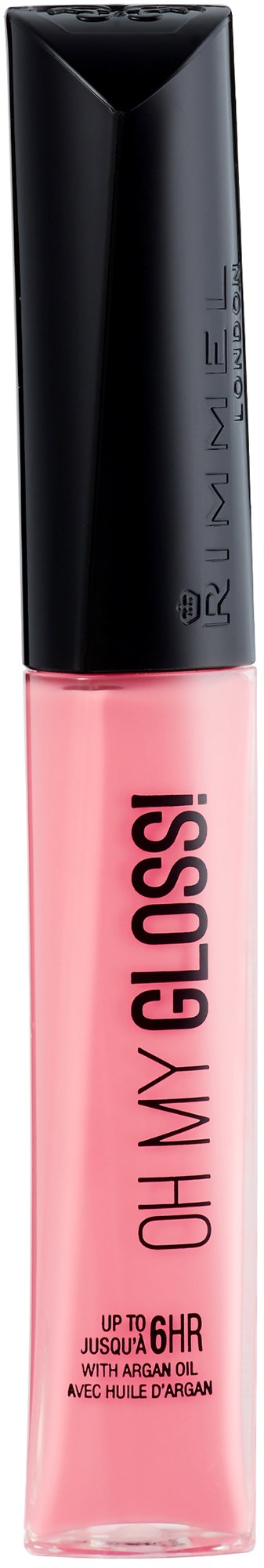 Valkoinen huulikiilto pullo, jossa musta korkki, lukee "OH MY GLOSS!" ja SPF 6 suoja.