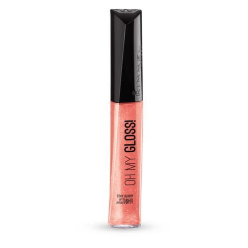Ein Lipgloss-Röhrchen in einem klaren Behälter mit rosa Farbe und schwarzem Deckel. Es steht "OH MY GLOSS!" und "STAY GLOSSY".