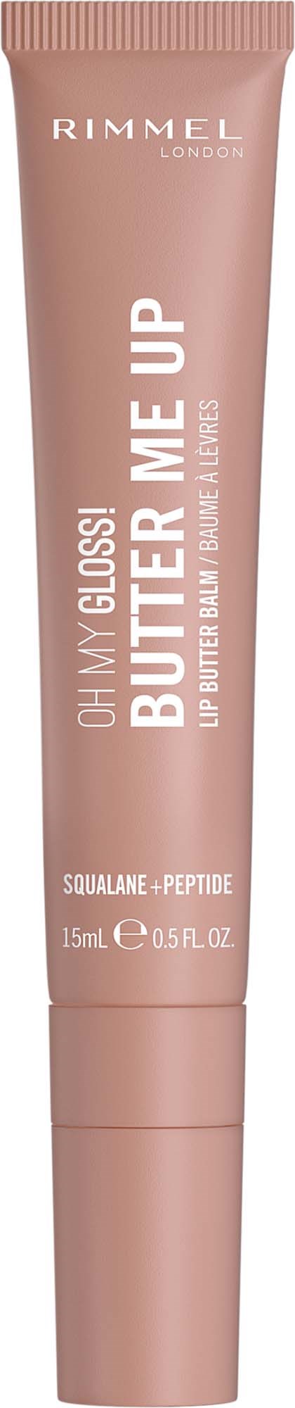 Lipgloss tube in zachtroze kleur met witte tekst, gemarkt Rimmel London Oh My Gloss Butter Me Up.