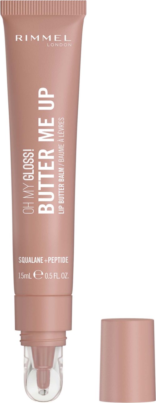 Tube Rimmel Bye Glosss lipgloss met doorzichtige applicator, lichtroze verpakking en bijpassend deksel.