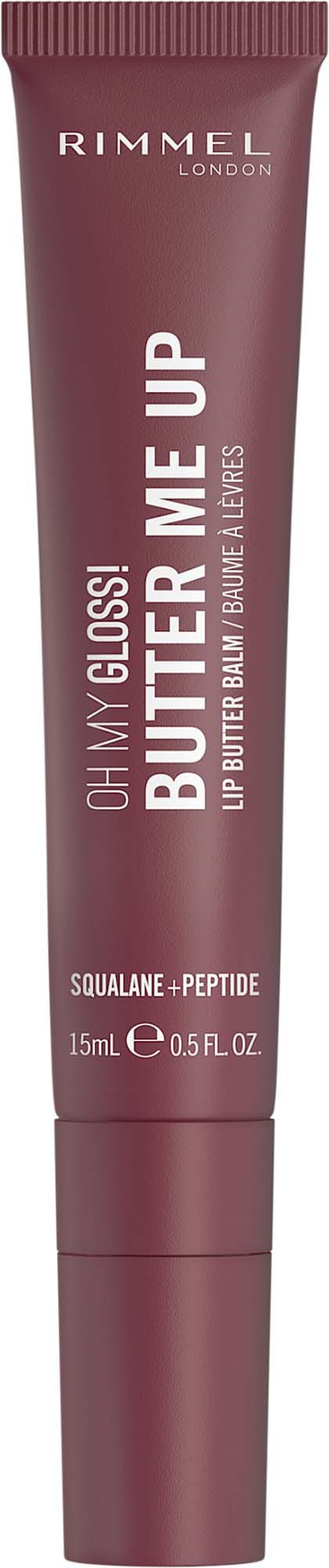 Rimmel lipbalsemtube in roze tint, aangegeven met Oh My Gloss, Butter Me Up, Squalane + Peptide, 15ml.