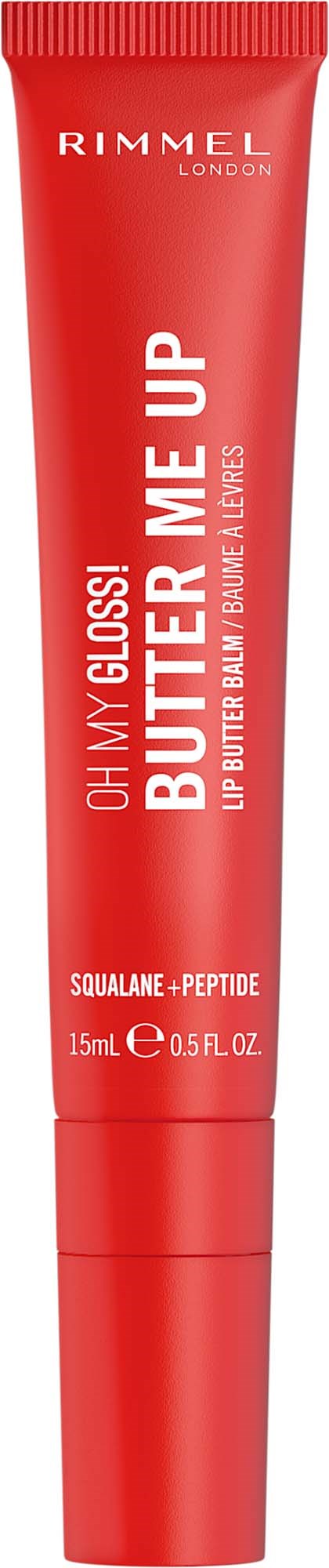 Rode tube van Rimmel lippenbalsem met label Oh My Gloss! Butter Me Up met ingrediënten Squalane en Peptide.
