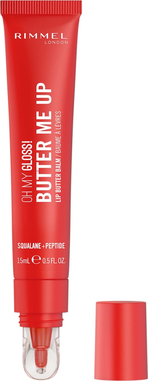 Rode tube met heldere applicator, label Rimmel London en Boost Me Up voor lippen, 15 ml.
