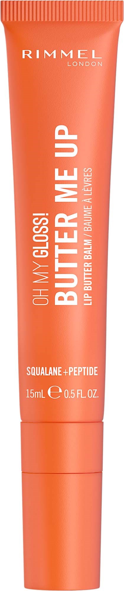 Oranje tube van Rimmel London lippenbalsem genaamd Butter Me Up, met squalane en peptide ingrediënten, 15ml.