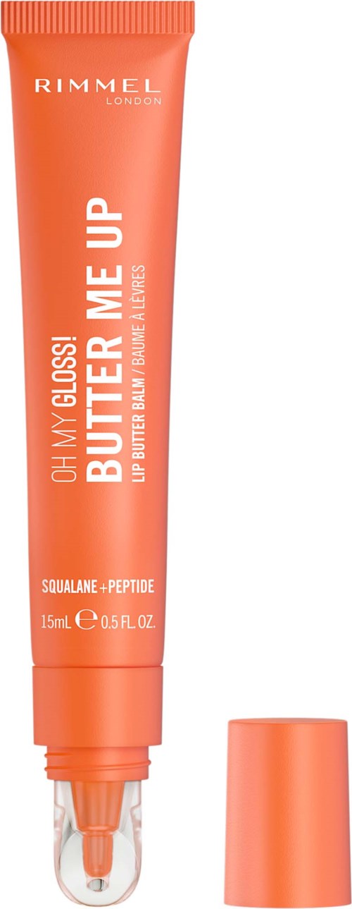 Oranje tube van Rimmel London lipprimer met witte tekst en doorzichtige applicatorspits.