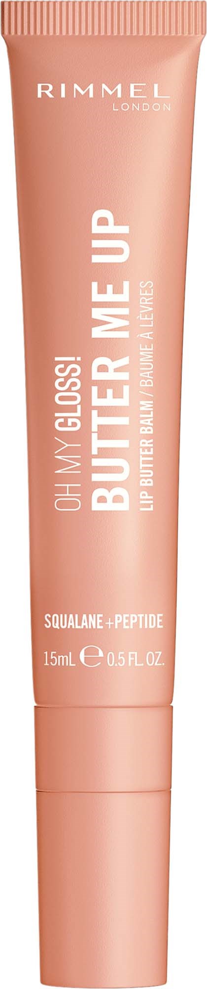 Een perzikkleurige tube Rimmel lipgloss genaamd Butter Me Up, met witte en oranje tekst en dop.
