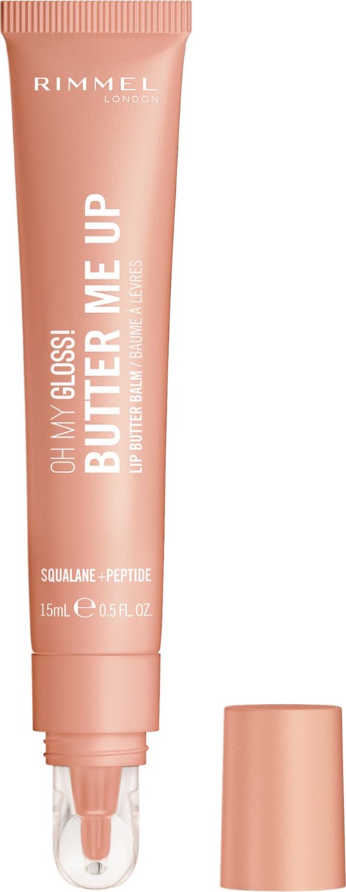 Lippenprimer in een roze tube met doorzichtige applicatorpunt, merkmers Rimmel, 15 ml, voor een betere lipmake-up.
