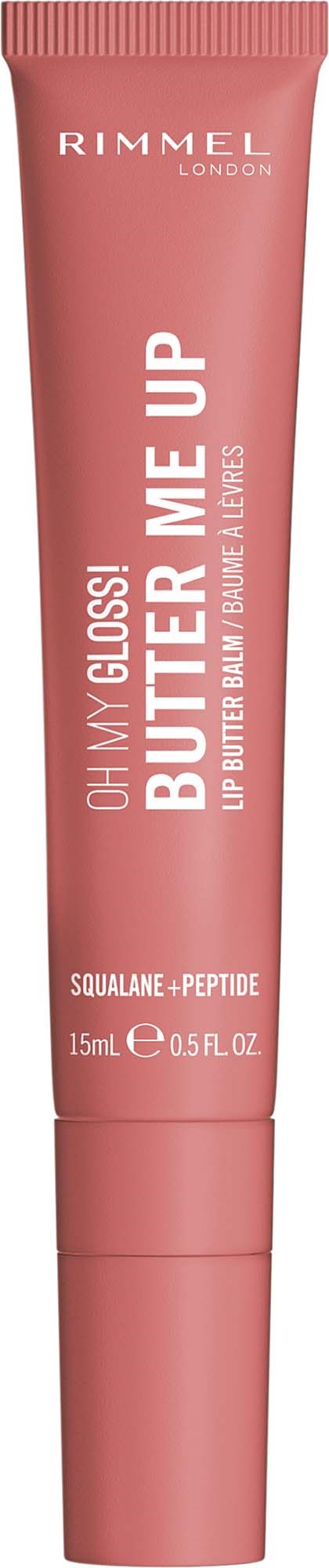 Roze tube lippenbalsem met witte tekst en Rimmel London logo.