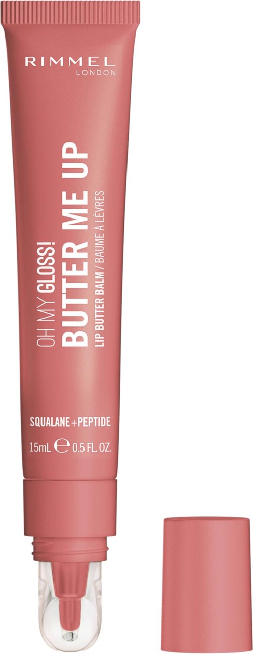 Roze lipprimer tube met witte tekst, dop verwijderd, toont applicator, vermeldt ingrediënten zoals squalane en peptide.