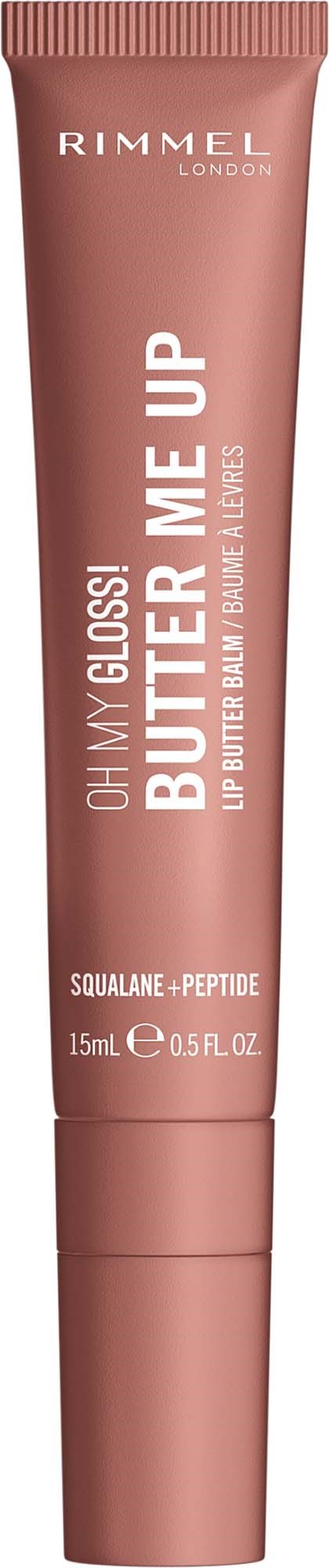 Lippenbalsem tube in roze met witte tekst, gemerkt Rimmel London Oh My Gloss! Butter Me Up.