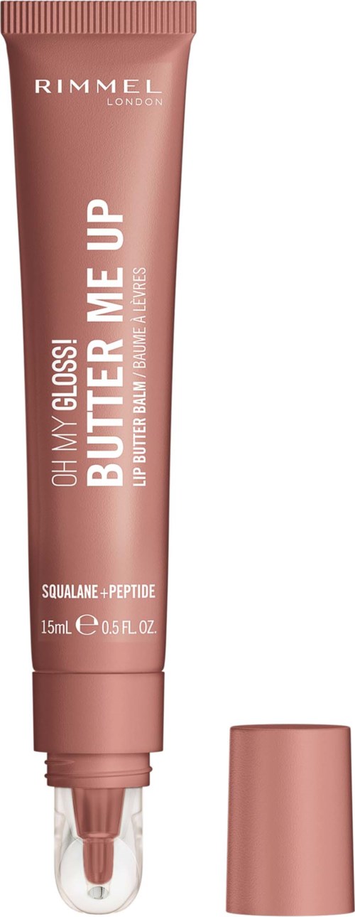Rimmel London lippenbalsem tube in mat roze met doorzichtige dop, gelabeld als 'Butter Me Up' met ingrediënten.