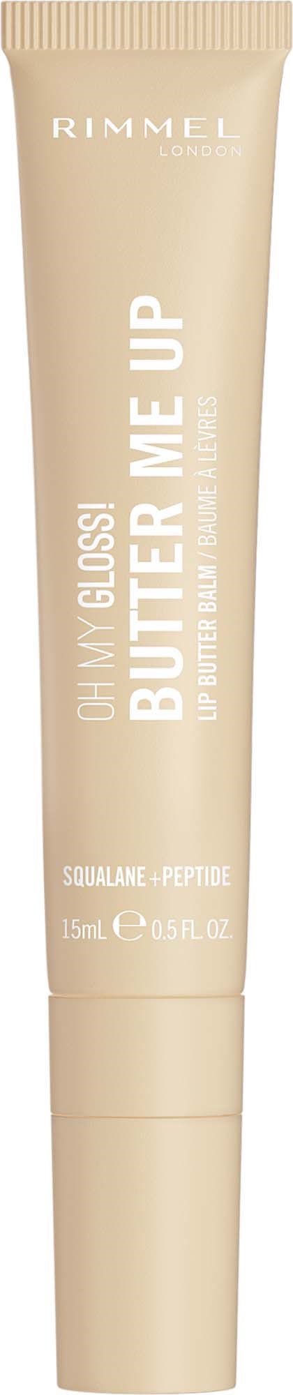 Een beige tube Rimmel Oh My Gloss Butter Me Up lipgloss met witte tekst en gouden dop.