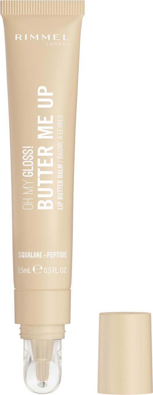 Een beige tube van Rimmel London Bye Bye Dry Bubble Up primer met een doorzichtige applicatorspits.