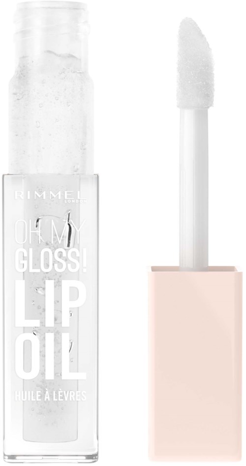Clear lip oil with a white applicator wand and a light pink cap.