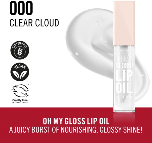 A lip oil product called 'Oh My Gloss Lip Oil' with a clear bottle, highlighting moisturizing and shiny effects.