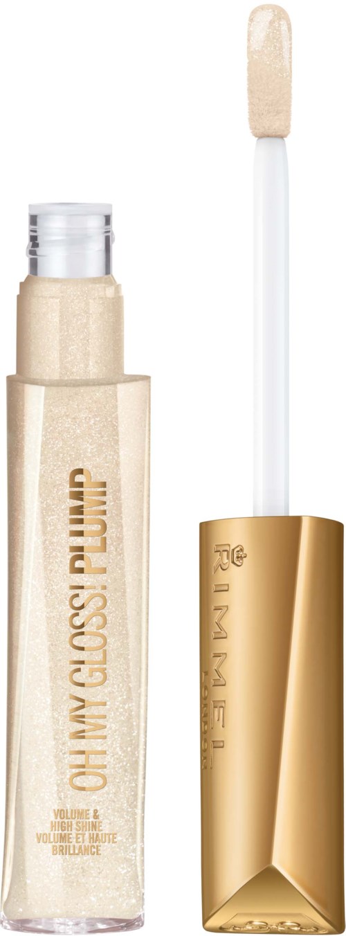 A lip gloss tube with a gold cap, and an applicator wand next to it. The label says 'OH MY GLOSS PUMP.'