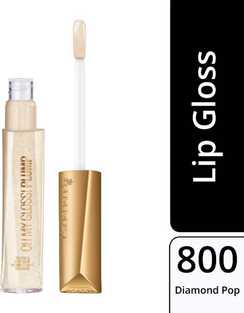 Lip gloss in a clear tube with gold cap, label says 'Lip Gloss Plump', called 'Diamond Pop 800'.