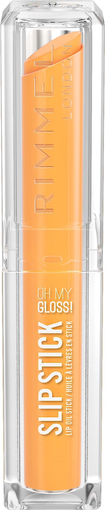 Läppglans i en genomskinlig tub med orange färg, märkt Oh My Gloss och Slip Stick.