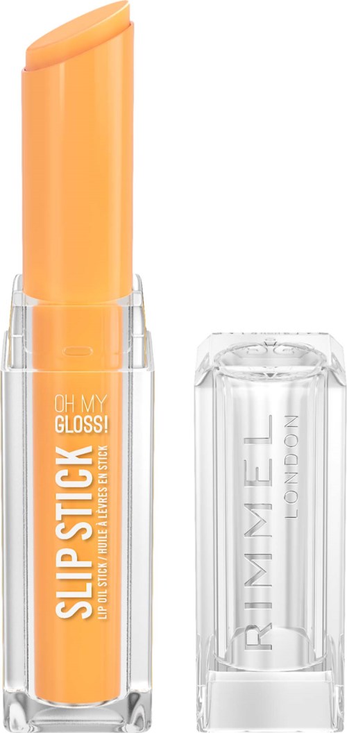 Läppbalsam i orange förpackning med genomskinligt lock, märkt Oh My Gloss, Slip Lipstick. Läppbalsam syns inuti.