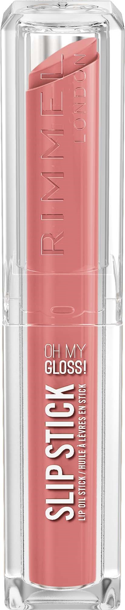 En rosa läppglanspenna i genomskinlig förpackning med orden Slip Stick och Oh My Gloss.