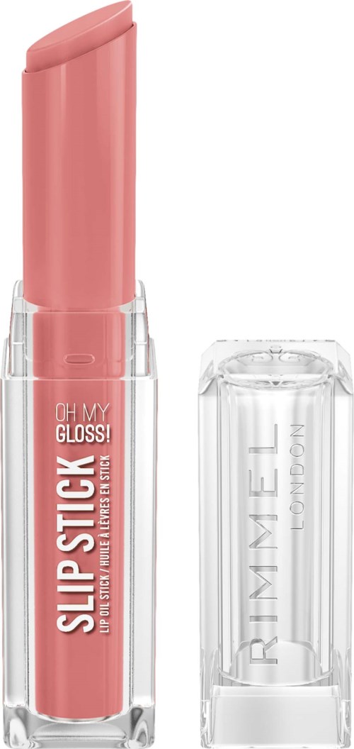 En rosa läppbalsam i ett genomskinligt cylindriskt rör med en genomskinlig kapsel, märkt 'SLIP LIP STICK'.