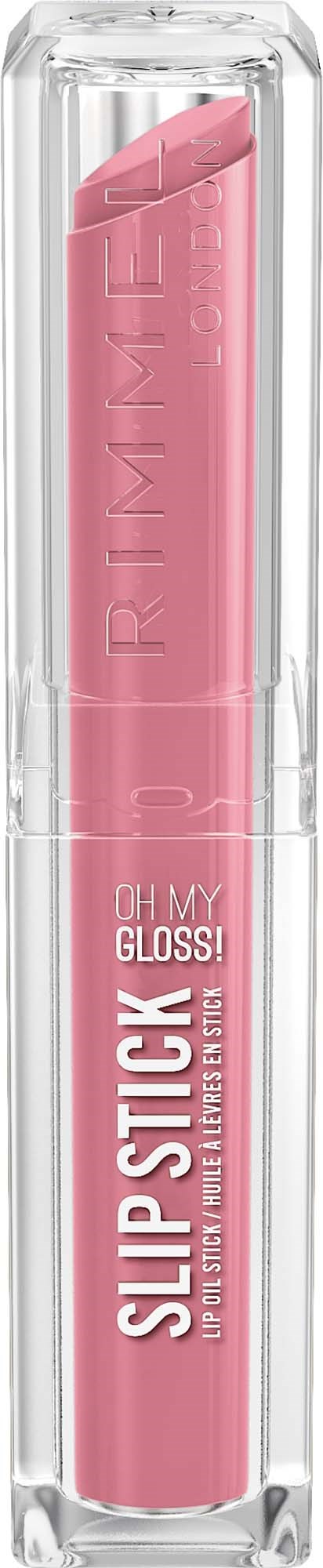 Läppglans i rosa med tydligt Rimmel-märke på en genomskinlig förpackning.