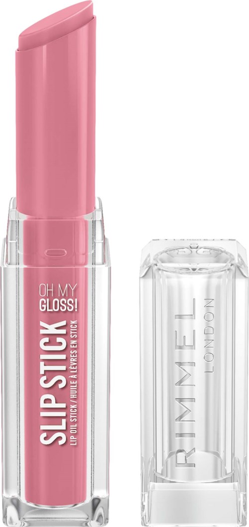 Rosa läppbalsam i genomskinlig tub med rosa och vit förpackning, märkt Slip Lipstick och Oh My Gloss.