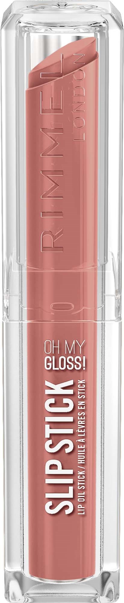En rosa läppstift i tydligt hölje med märket RimLIFE och etiketten Oh My Gloss.