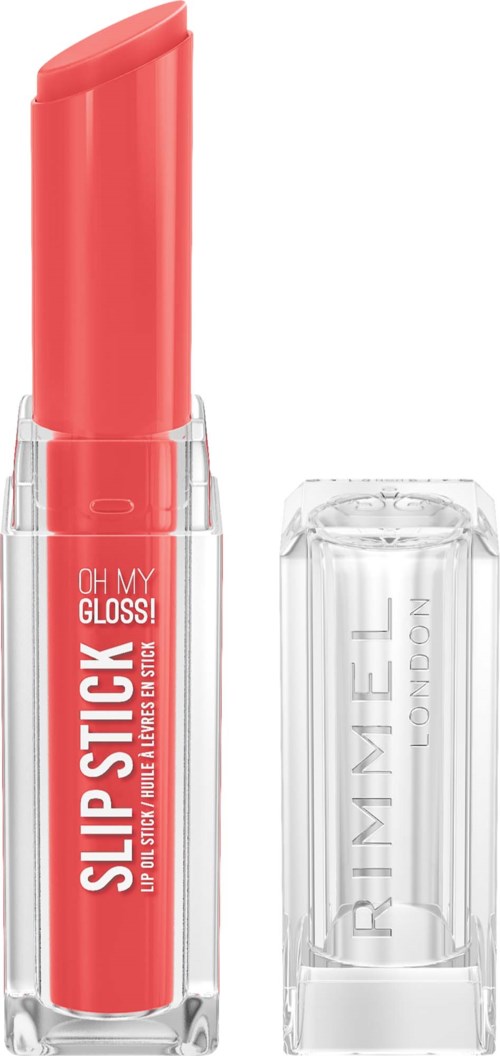 Korallfärgad läppstiftstub med genomskinlig hatt, märkt Oh My Gloss, Slip Lip Stick.