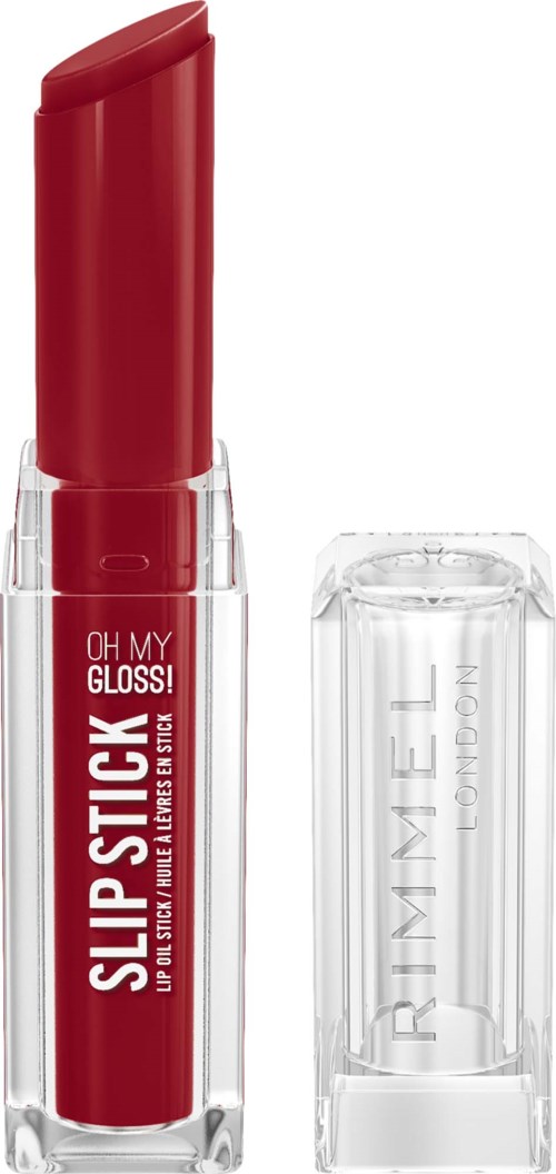 Ljus röd läppglans i tub med en genomskinlig kork, märkt Slip Stick Oh My Gloss.