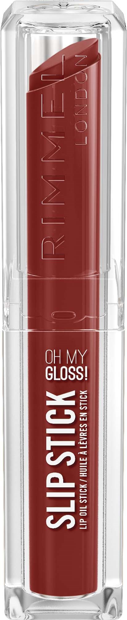 Röd läppstift i genomskilnlig hylsa med Rimmel London-etikett och Slip Stick Oh My Gloss.