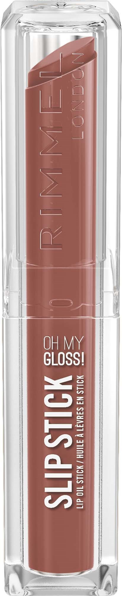 Rimmel Oh My Gloss läppglans i en transparent rör med rosa läppbalsam inuti och branding på förpackningen.