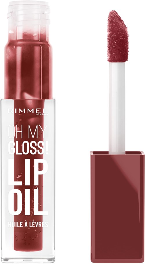 Leppeglansbeholder med påføringsapplikator som viser rosa gloss. Produktet heter 'Oh My Gloss' fra Rimmel.