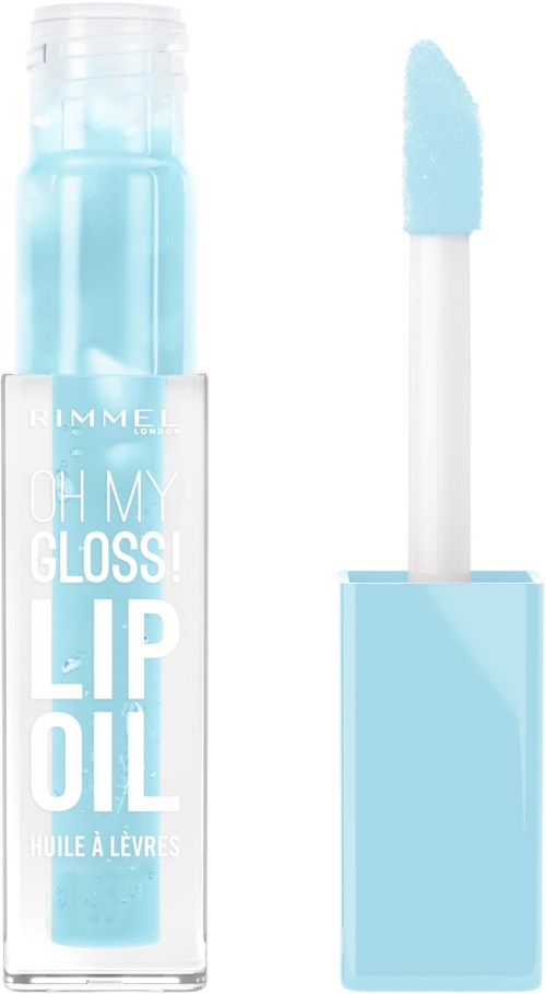 Leppglansbeholder med en børste og blå gloss, merket 'Oh My Gloss! Lip Oil.'