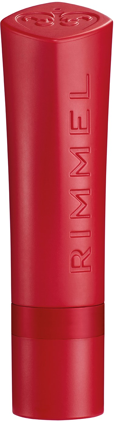 Röd cylindrisk sak med ordet 'RIMMEL' präglat vertikalt längs sidan.