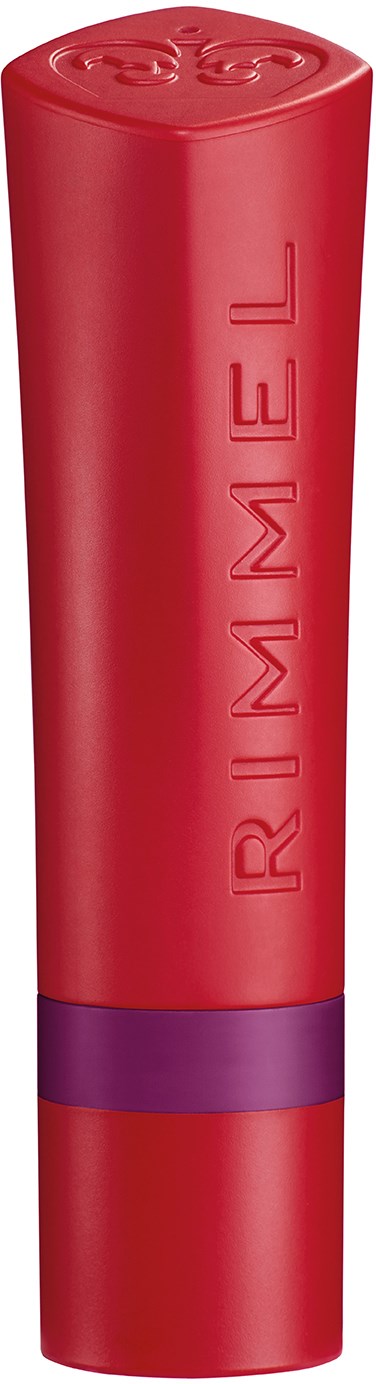 En röd cylindrisk föremål med märket 'RIMMEL' och ett lila band runt mitten.