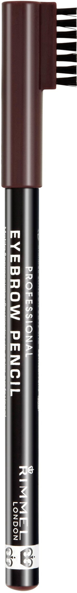 Ein braune und schwarze Augenbrauenstift mit einer kleinen Bürste auf der Oberseite. Es hat weißen Text auf dem Körper.