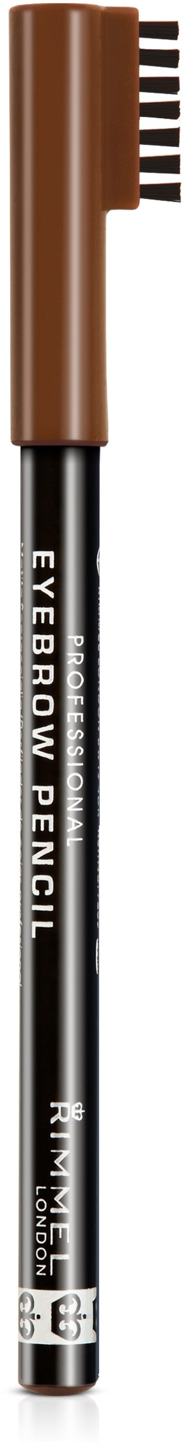 Ein Augenbrauenstift mit braunem Deckel und schwarzem Körper, mit "Eyebrow Pencil" beschriftet. Eine Seite hat eine kleine Bürste.