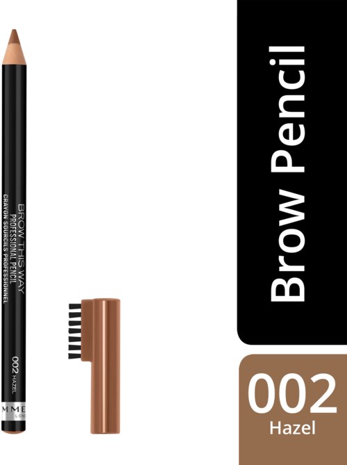En brynpennor i svart med svartbrun kapsel, märkt 'Brow Pencil' och '002 Hazel'.