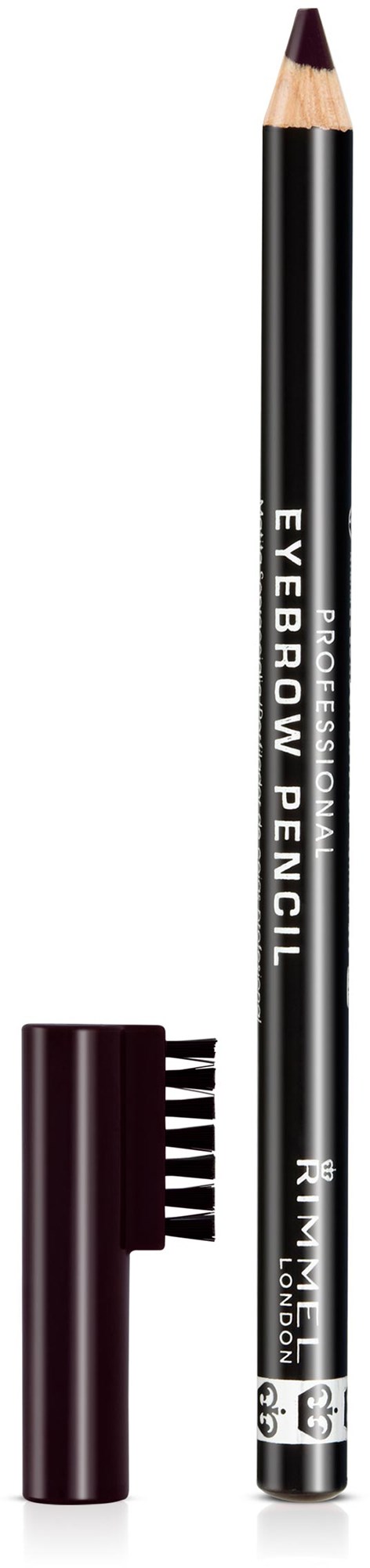 En svart ögonbrynspenna med lock och borste, märkt "Eyebrow Pencil" på vitt.