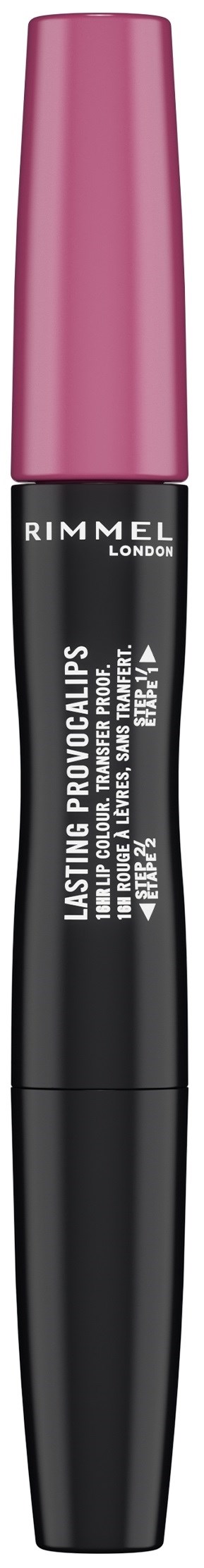Ein schwarzer und rosa Tuben von Rimmel London lasting provocalips flüssiger Lippenstift.
