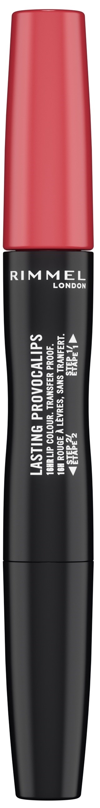 Ett svart och rosa rör av Rimmel Lasting Provocalips flytande läppstift med lock.