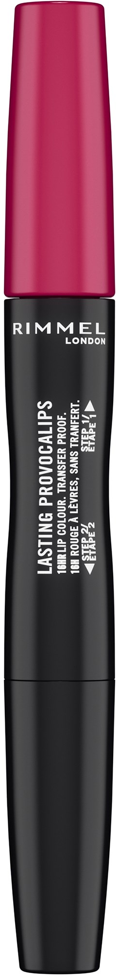 En svart och rosa tub med Rimmel Lasting Provocalips läppfärg. Den har ett rosa lock och svart kropp med vitt text.