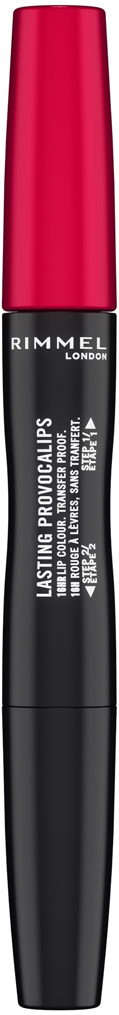 En svart och rosa tub med läppglans från Rimmel London med vitt text på.